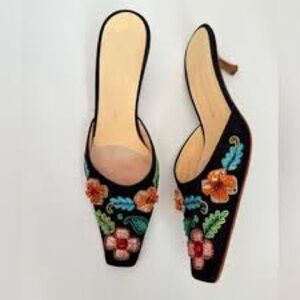 vintage Vicini Giuseppe Zanotti beaded embroidered kitten heel mules Sz 39
